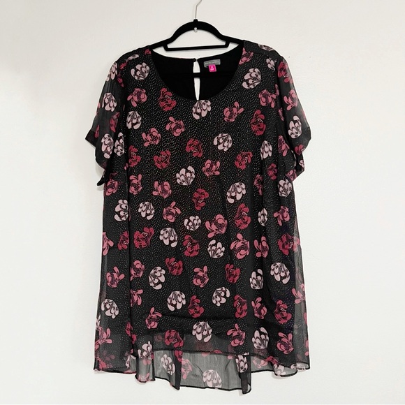 Vince Camuto Sheer Black Pink‎ Floral Tunic Blouse Sparkle Dots Short Sleeve - Picture 8 of 11
